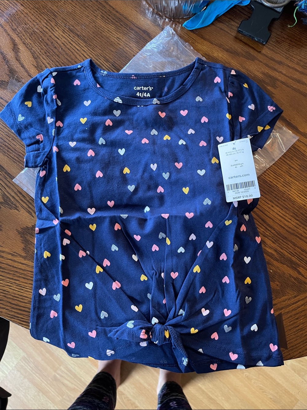 Carter's Navy Short Sleeve Tee with Multicolor Heart Print and Front Knot